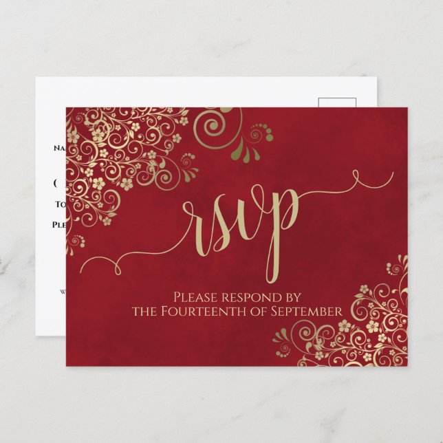 Lacy Gold Calligraphy Elegant Red Wedding RSVP Postcard (Front/Back)
