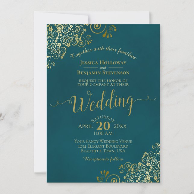 Lacy Gold Calligraphy Elegant Teal Wedding Invitation (Front)