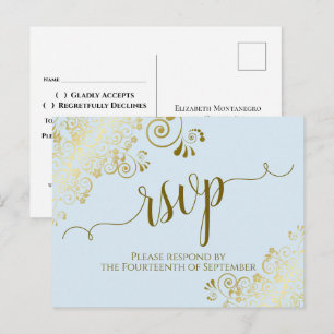 Lacy Gold Calligraphy Powder Blue Wedding RSVP Postcard