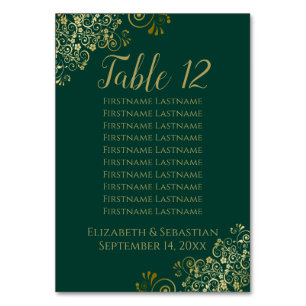 Lacy Gold Chic Emerald Green Wedding Seating Chart Table Number