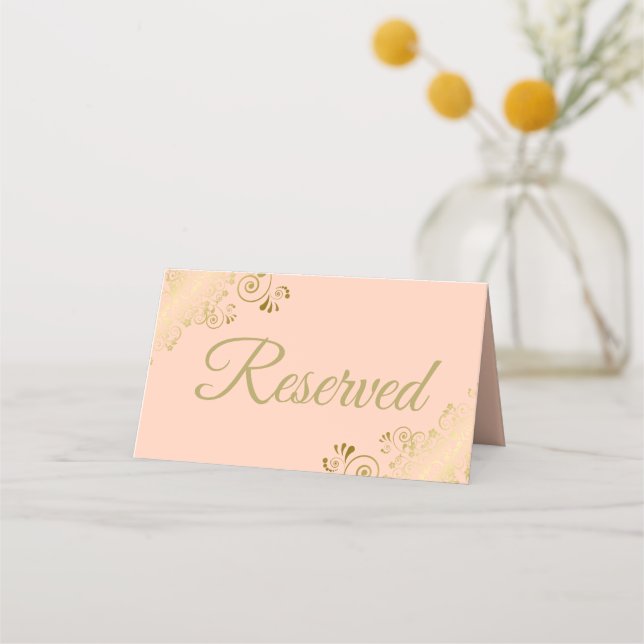 Lacy Gold Coral Peach Elegant Wedding Reserved Place Card (Front)