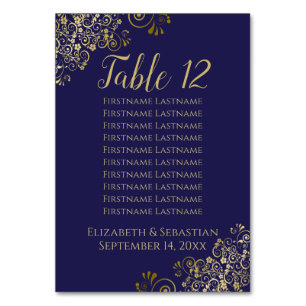Lacy Gold Elegant Navy Blue Wedding Seating Chart Table Number