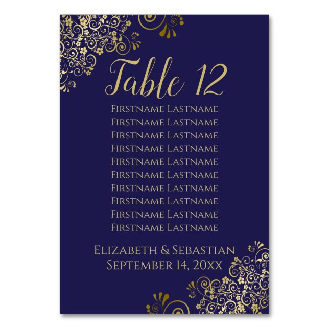 Lacy Gold Elegant Navy Blue Wedding Seating Chart Table Number (Front)