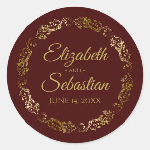 Lacy Gold Filigree Elegant Auburn Brown Wedding Classic Round Sticker