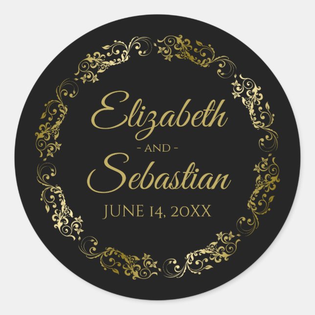 Lacy Gold Filigree Elegant Black Wedding Favour Classic Round Sticker (Front)