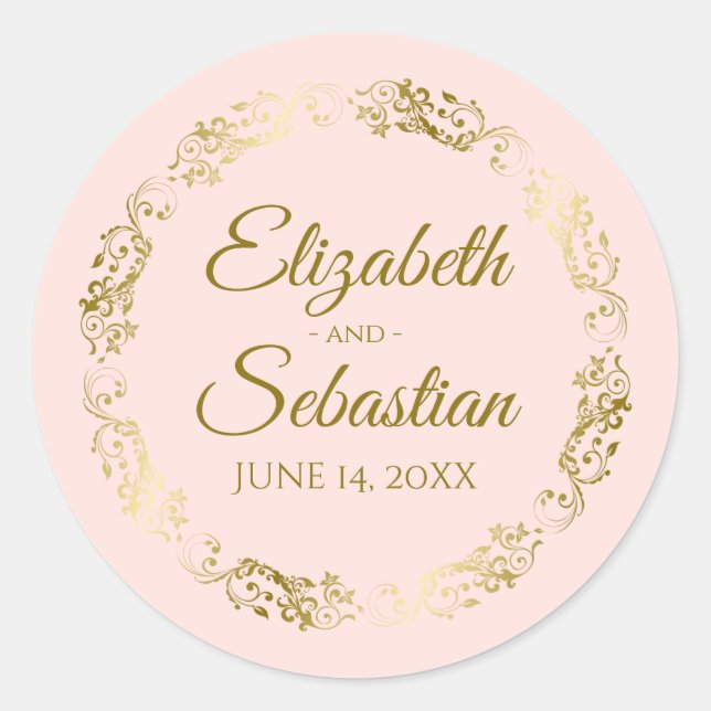 Lacy Gold Filigree Elegant Blush Pink Wedding Classic Round Sticker (Front)