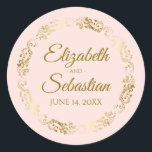 Lacy Gold Filigree Elegant Blush Pink Wedding Classic Round Sticker<br><div class="desc">These beautiful wedding stickers are feature gold text on a blush pink background with a gold faux foil floral border. The text is fully customisable and contains the wedding couple's names and wedding date. Great as favour tags or envelope seals!</div>