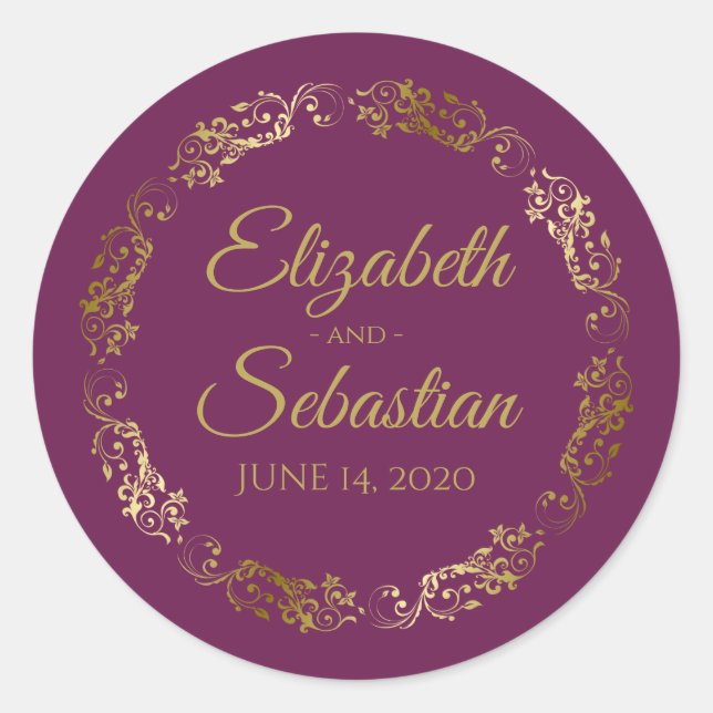 Lacy Gold Filigree Elegant Cassis Purple Wedding Classic Round Sticker (Front)