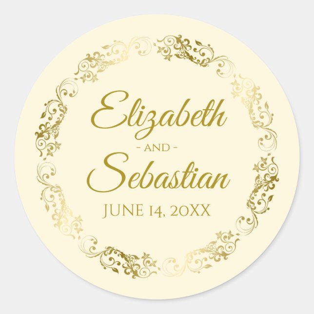 Lacy Gold Filigree Elegant Cream Wedding Favour Classic Round Sticker (Front)