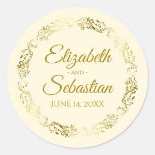 Lacy Gold Filigree Elegant Cream Wedding Favour Classic Round Sticker