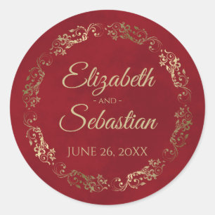 Lacy Gold Filigree Elegant Crimson Red Wedding Classic Round Sticker