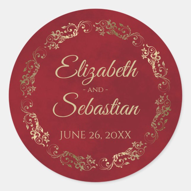 Lacy Gold Filigree Elegant Crimson Red Wedding Classic Round Sticker (Front)