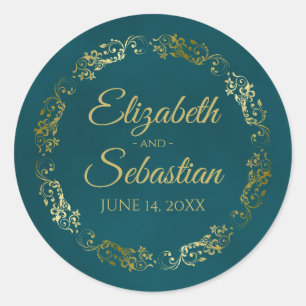 Lacy Gold Filigree Elegant Dark Teal Wedding Names Classic Round Sticker