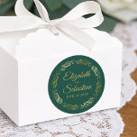 Lacy Gold Filigree Elegant Emerald Green Wedding Classic Round Sticker<br><div class="desc">These elegant wedding stickers feature fancy gold script text on an emerald green background with a lacy gold faux foil floral border. The text is fully customisable and contains the wedding couple's names and wedding date. Great as favour tags or envelope seals!</div>
