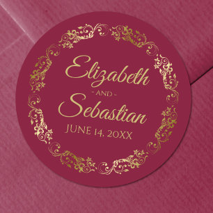 Lacy Gold Filigree Elegant Maroon Burgundy Wedding Classic Round Sticker