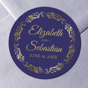 Lacy Gold Filigree Elegant Navy Blue Wedding Favou Classic Round Sticker
