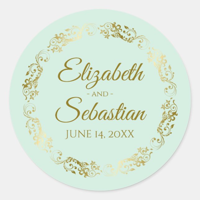Lacy Gold Filigree Elegant Neo Mint Green Wedding Classic Round Sticker (Front)