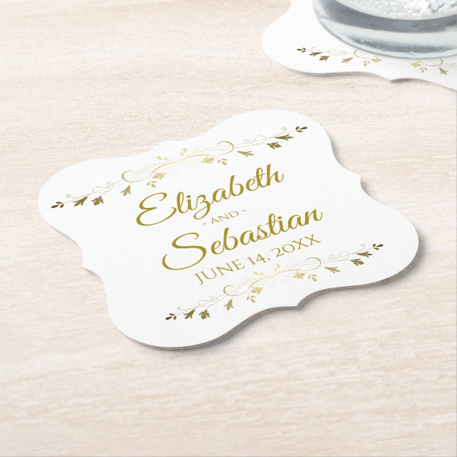 Lacy Gold Filigree Elegant Simple Classic Wedding Paper Coaster (Angled)