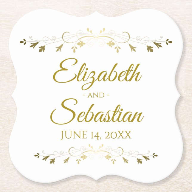 Lacy Gold Filigree Elegant Simple Classic Wedding Paper Coaster (Front)