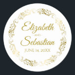 Lacy Gold Filigree Elegant Wedding Favour Classic Round Sticker<br><div class="desc">These beautiful stickers are designed to coordinate with our Gold Foil Elegant Wedding Suite. They feature gold text on a white background with a gold faux foil floral border. The text is fully customisable and contains the wedding couple's names and wedding date. Great as favour tags!</div>