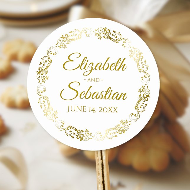 Lacy Gold Filigree Elegant Wedding Favour Classic Round Sticker (As a favor tag)