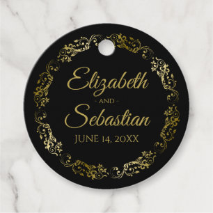 Lacy Gold Frills Border Elegant Black Wedding Favour Tags