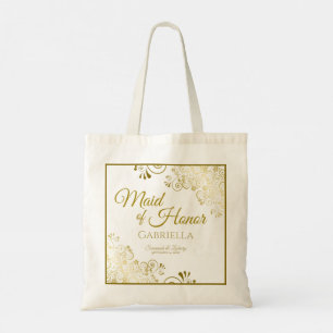 Lacy Gold Frills Elegant Maid of Honour Wedding Tote Bag