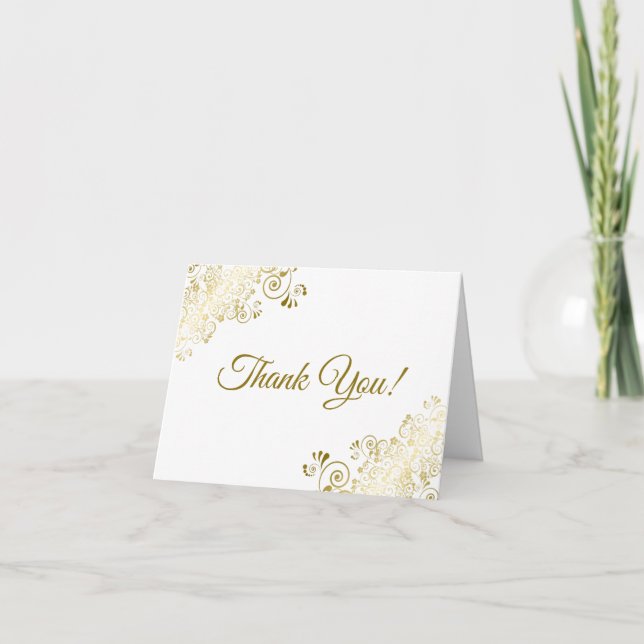 Lacy Gold Frills Elegant White Wedding Photo Thank You Card (Front)