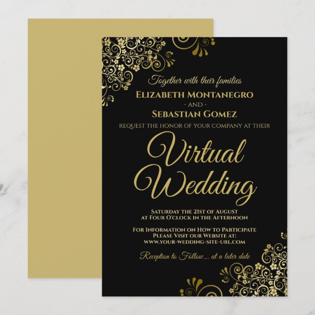 Lacy Gold Frills on Black Elegant Virtual Wedding Invitation (Front/Back)
