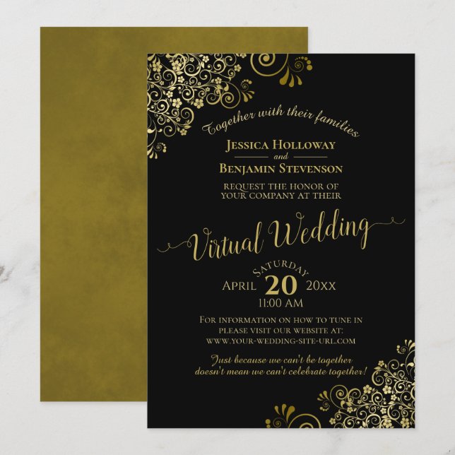 Lacy Gold Frills on Black Elegant Virtual Wedding Invitation (Front/Back)