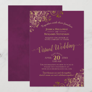 Lacy Gold Frills on Cassis Purple Virtual Wedding Invitation