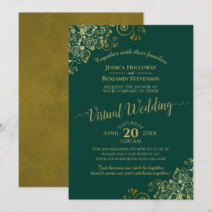 Lacy Gold Frills on Emerald Green Virtual Wedding Invitation