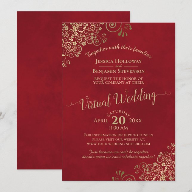 Lacy Gold Frills on Lush Red Virtual Wedding Invitation (Front/Back)