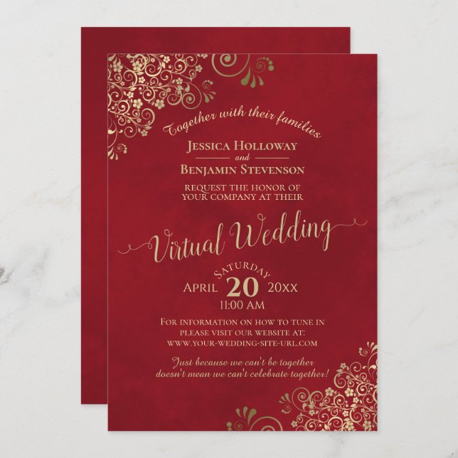 Lacy Gold Frills on Lush Red Virtual Wedding Invitation (Front/Back)