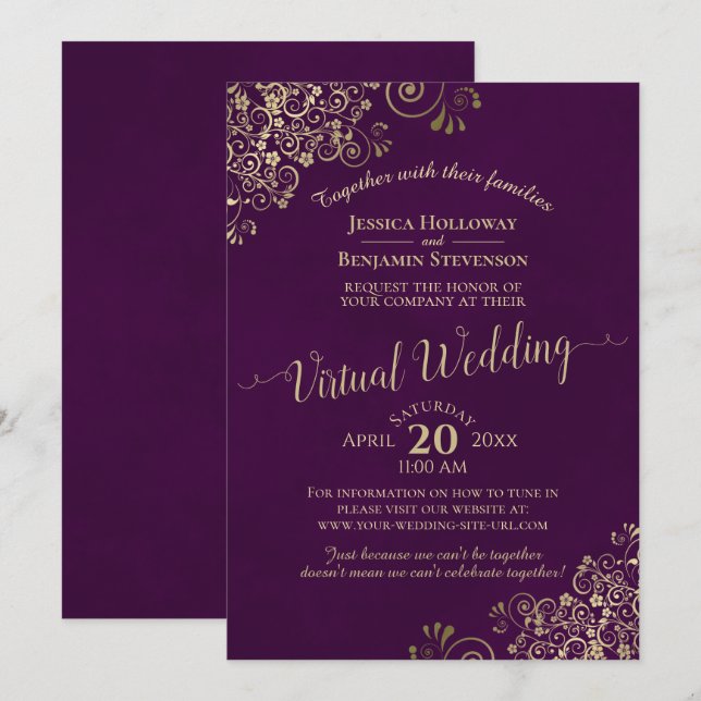Lacy Gold Frills on Plum Purple Virtual Wedding Invitation (Front/Back)
