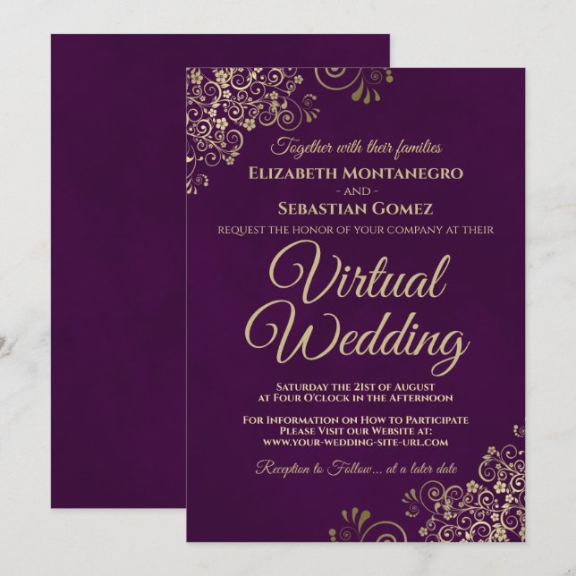 Lacy Gold Frills on Purple Elegant Virtual Wedding Invitation (Front/Back)