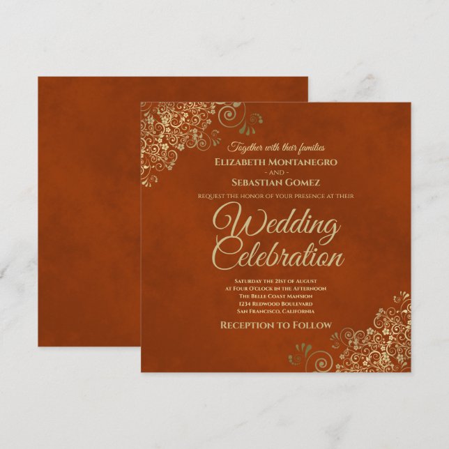 Lacy Gold Frills on Rust Orange Elegant Wedding Invitation (Front/Back)