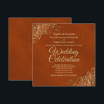 Lacy Gold Frills on Rust Orange Elegant Wedding Invitation<br><div class="desc">This beautiful wedding invitation features a lovely design with ornate gold curls and swirls and golden script lettering on a lush marbled rust orange or burnt umber coloured background. The design is simple yet elegant, with a luxurious glamourous style. Wonderful way to invite your friends and family to be a...</div>