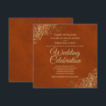 Lacy Gold Frills on Rust Orange Elegant Wedding Invitation<br><div class="desc">This beautiful wedding invitation features a lovely design with ornate gold curls and swirls and golden script lettering on a lush marbled rust orange or burnt umber coloured background. The design is simple yet elegant, with a luxurious glamourous style. Wonderful way to invite your friends and family to be a...</div>