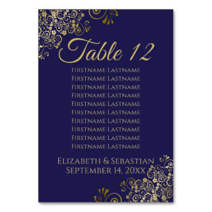 Lacy Gold Navy Blue Elegant Wedding Seating Chart Table Number