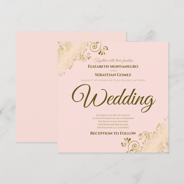 Lacy Gold on Blush Pink Elegant Square Wedding Invitation (Front/Back)