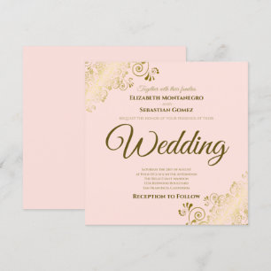 Lacy Gold on Blush Pink Elegant Square Wedding Invitation