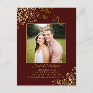 Lacy Gold on Burgundy Wedding Save the Date Photo Announcement Postcard