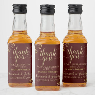 Lacy Gold on Burgundy Wedding Thank You Mini Liquor Bottle Label