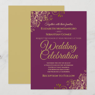 Lacy Gold on Cassis Purple Simple Elegant Wedding Invitation