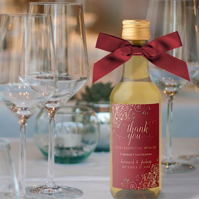 Lacy Gold on Crimson Red Wedding Thank You Mini Wine Label (Creator Uploaded)