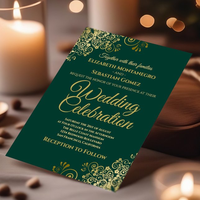 Lacy Gold on Emerald Green Simple Elegant Wedding Invitation (In Situ with Candle)