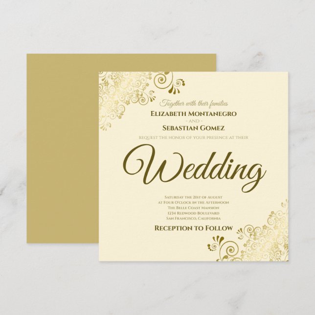 Lacy Gold on Ivory Cream Elegant Square Wedding Invitation (Front/Back)