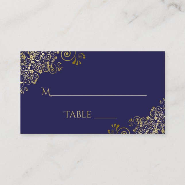 Lacy Gold on Navy Blue Elegant Wedding Escort Card (Front)