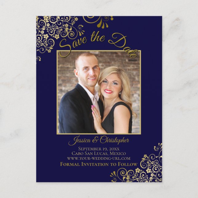 Lacy Gold on Navy Blue Wedding Save the Date Photo Announcement Postcard (Front)